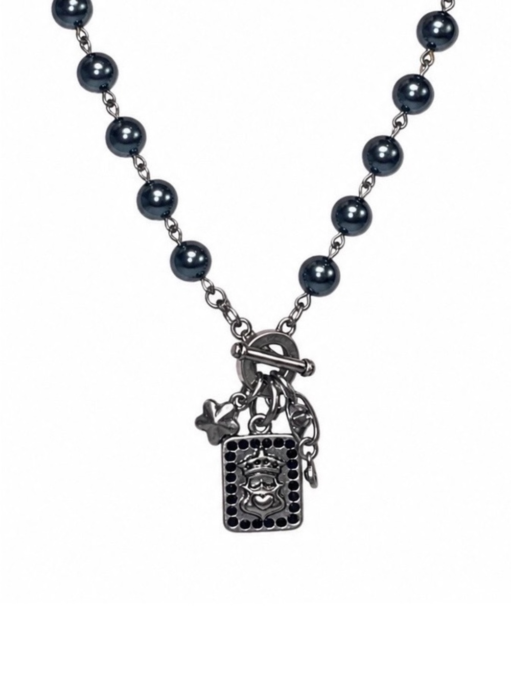 Cabi #2140 Heritage Black Pearl Charm Necklace Crown Crest Pendant Toggle Goth